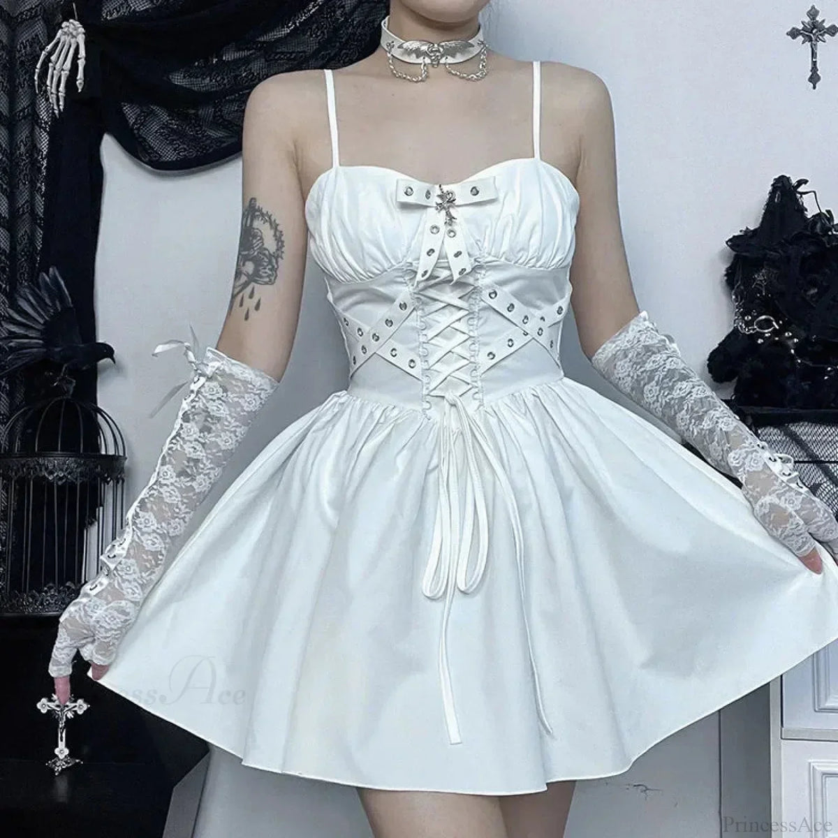 Gothic Corset Lace-Up Grommet Sweetheart Flared Mini Dress
