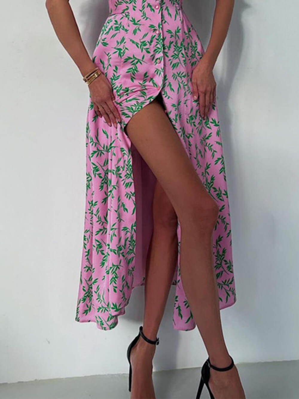 Oversized Collar Ruffle Cuff Vine Print Button Front Slit Midi Dress 3