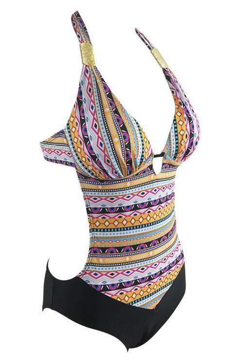 Yellow Plunging Halter Tribal Print Triangle Keyhole Backless Sexy High Cut One Piece Swimsuit