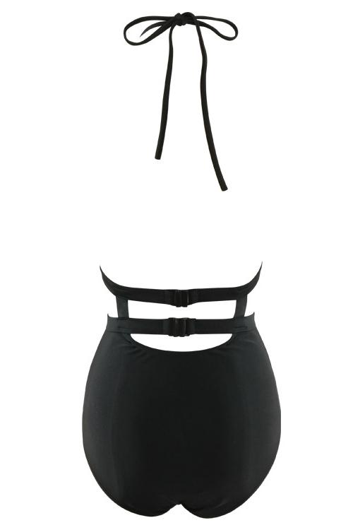 Black Plunging Halter Triangle Ruched Strappy Cutout Backless Sexy One Piece Monokini Swimsuit