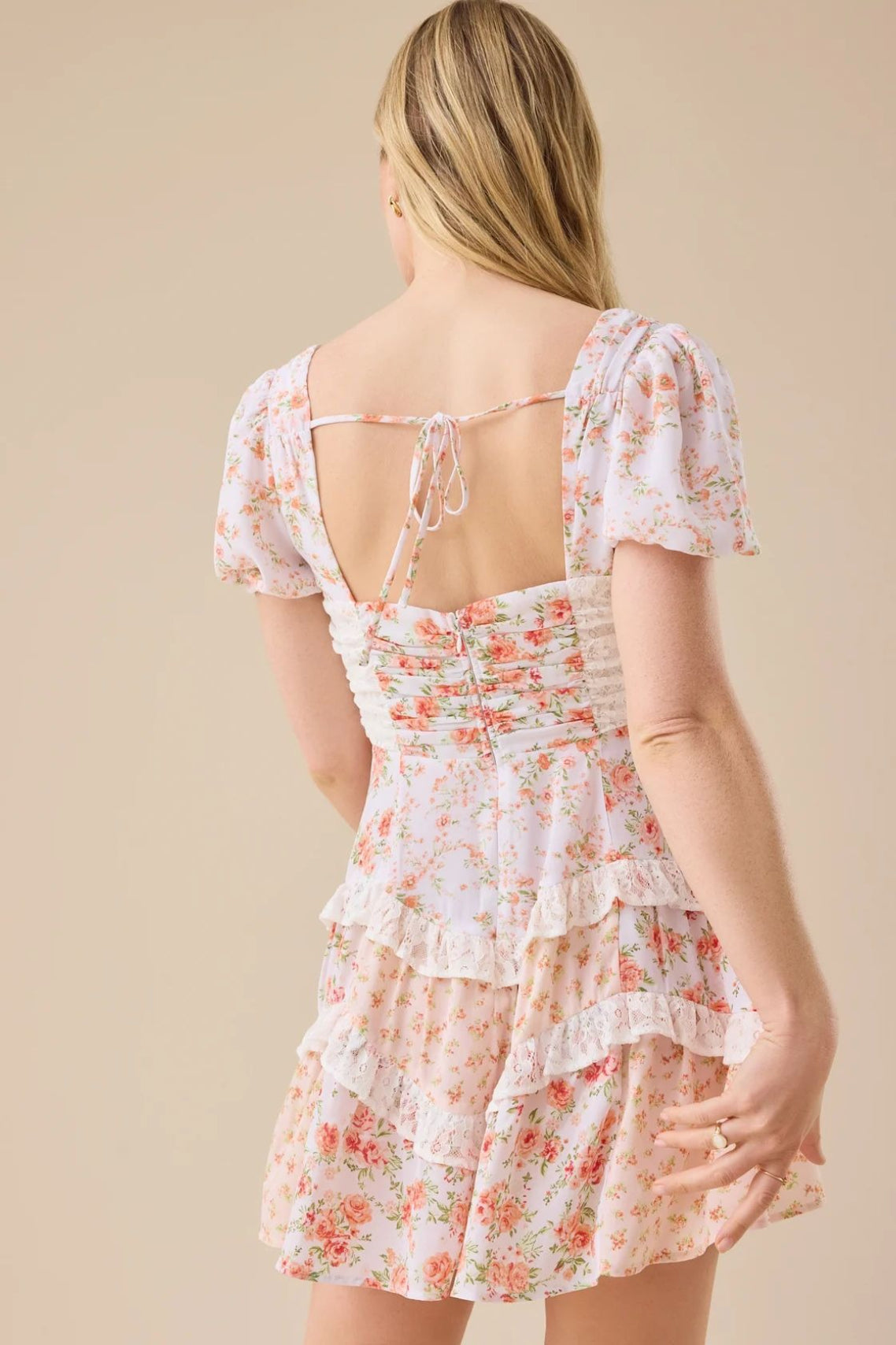 Floral Print Puff Sleeve Lace Smocked Waist Tiered Ruffle Mini Dress 22