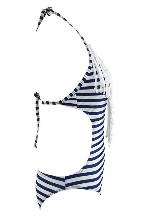 White Plunging Halter Stripe Print Fringed Tied Backless Sexy One Piece Swimsuit