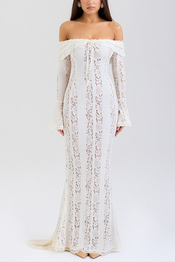 Floral Lace Off Shoulder Bell Sleeve Mermaid Maxi Dress 6
