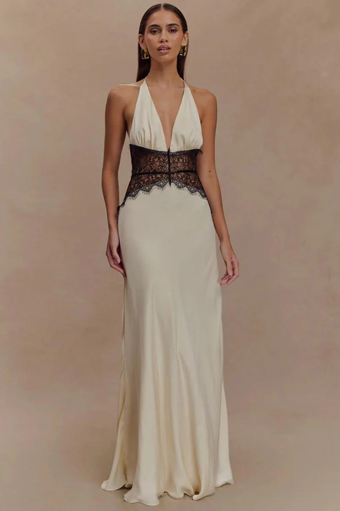 Lace Patchwork Backless Halter Dress 28