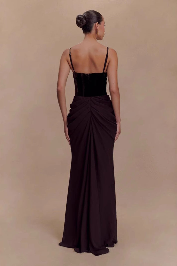Mesh Panel Sweetheart Corset Basque Waist Draped Maxi Gown 3