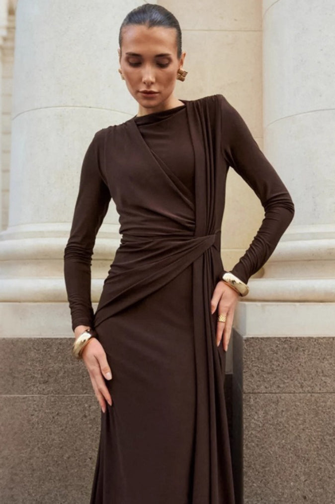 Draped Twist Front Ruched Long Sleeve Maxi Gown 4