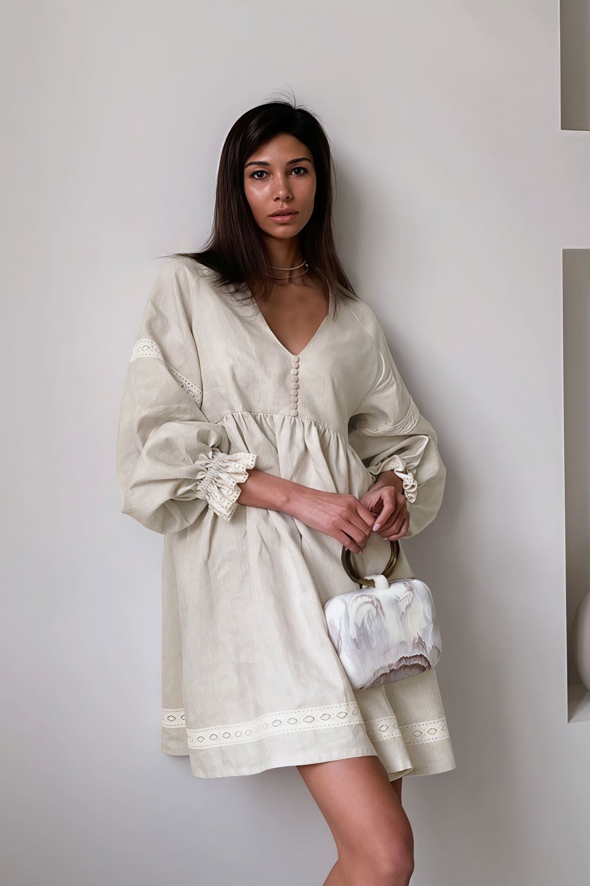 Eyelet Lace Trim Button Front Lantern Sleeve Linen Look Mini Dress