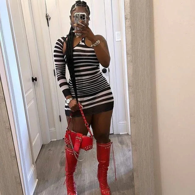 One Shoulder Long Sleeve Mesh Stripe Panel Bodycon Mini Dress 3