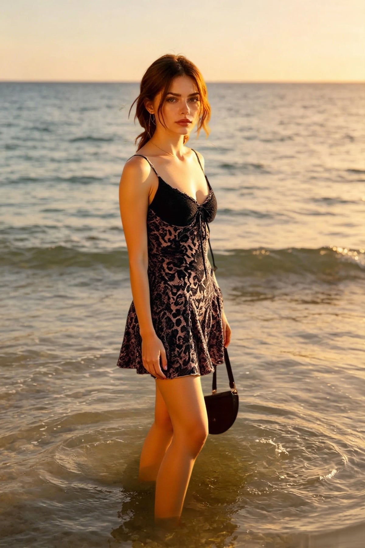 Sweetheart Lace Tie Front Print A-Line Mini Dress