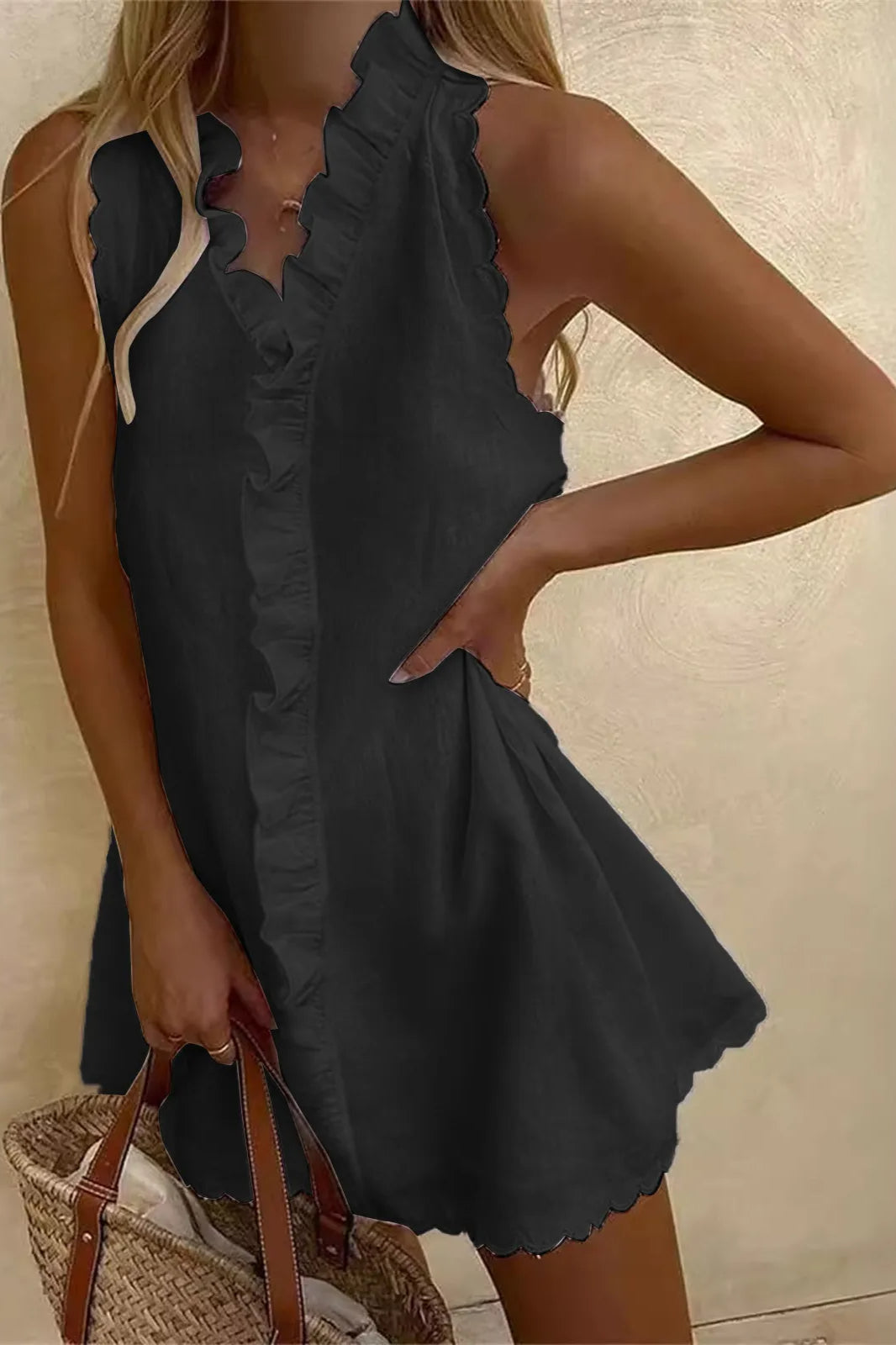 Sleeveless Ruffle Trim V-Neck Scalloped Hem Linen Blend Mini Dress 2