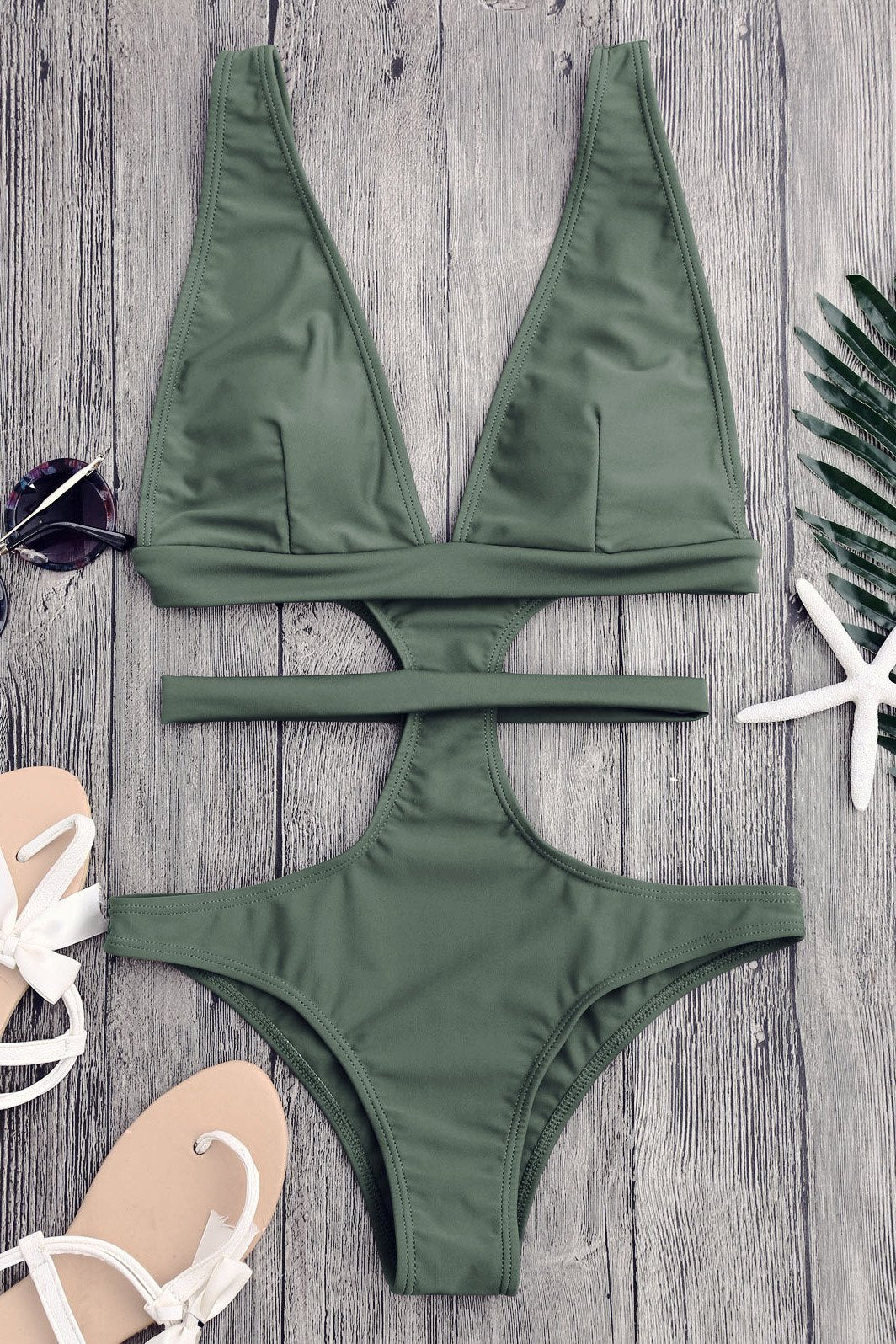 Army Green Cutout Plunging Neck Bandage Cheeky Sexy Monokini Swimwear