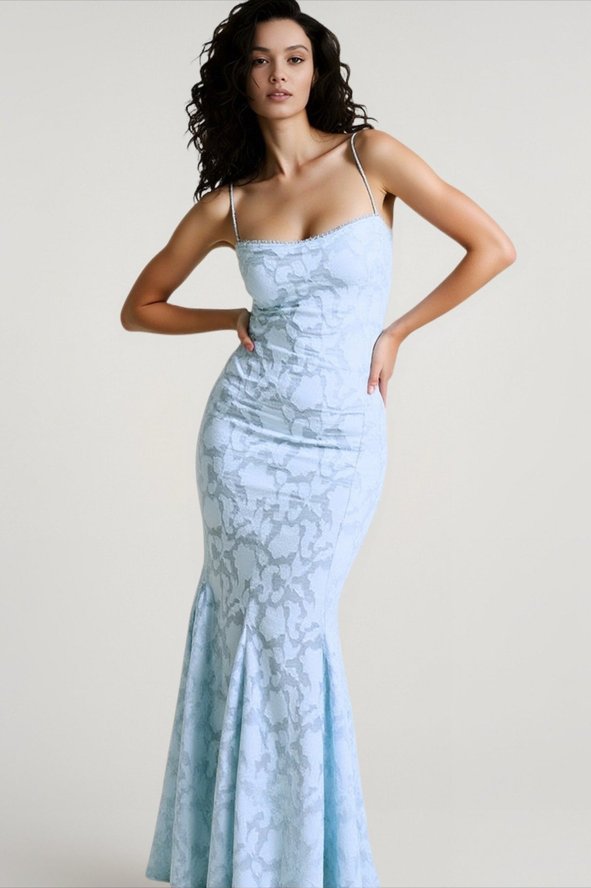 Square Neck Floral Lace Mermaid Spaghetti Strap Maxi Gown