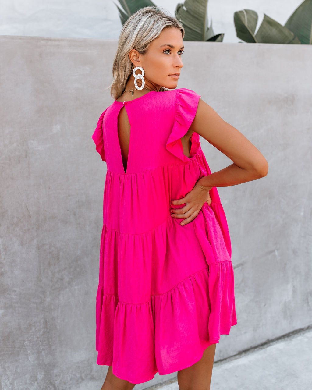 Crew Neck Flutter Sleeve Tiered Ruffle Pocket Babydoll Mini Dress 5