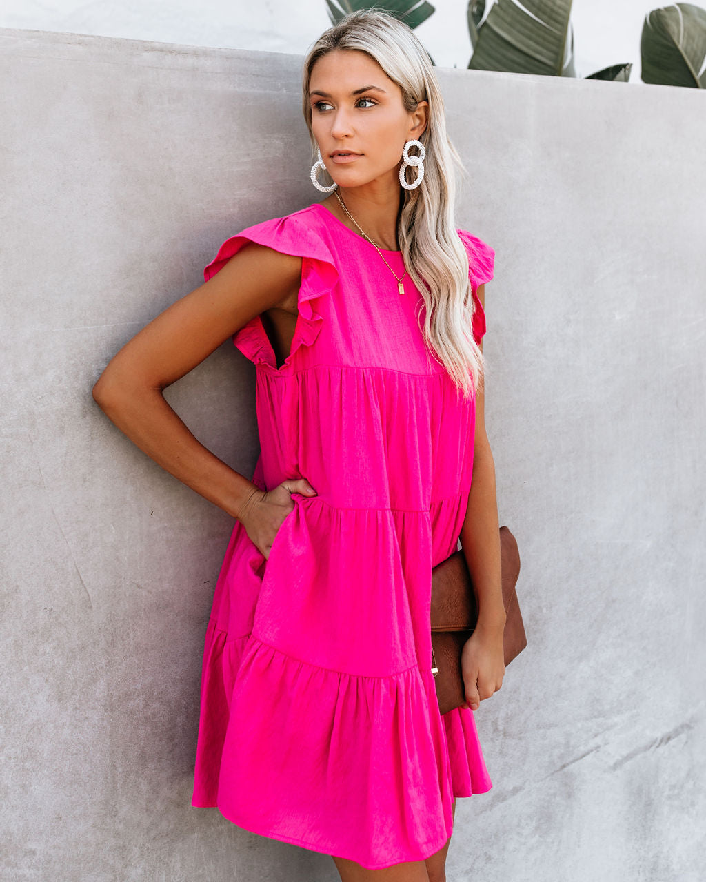 Crew Neck Flutter Sleeve Tiered Ruffle Pocket Babydoll Mini Dress 6