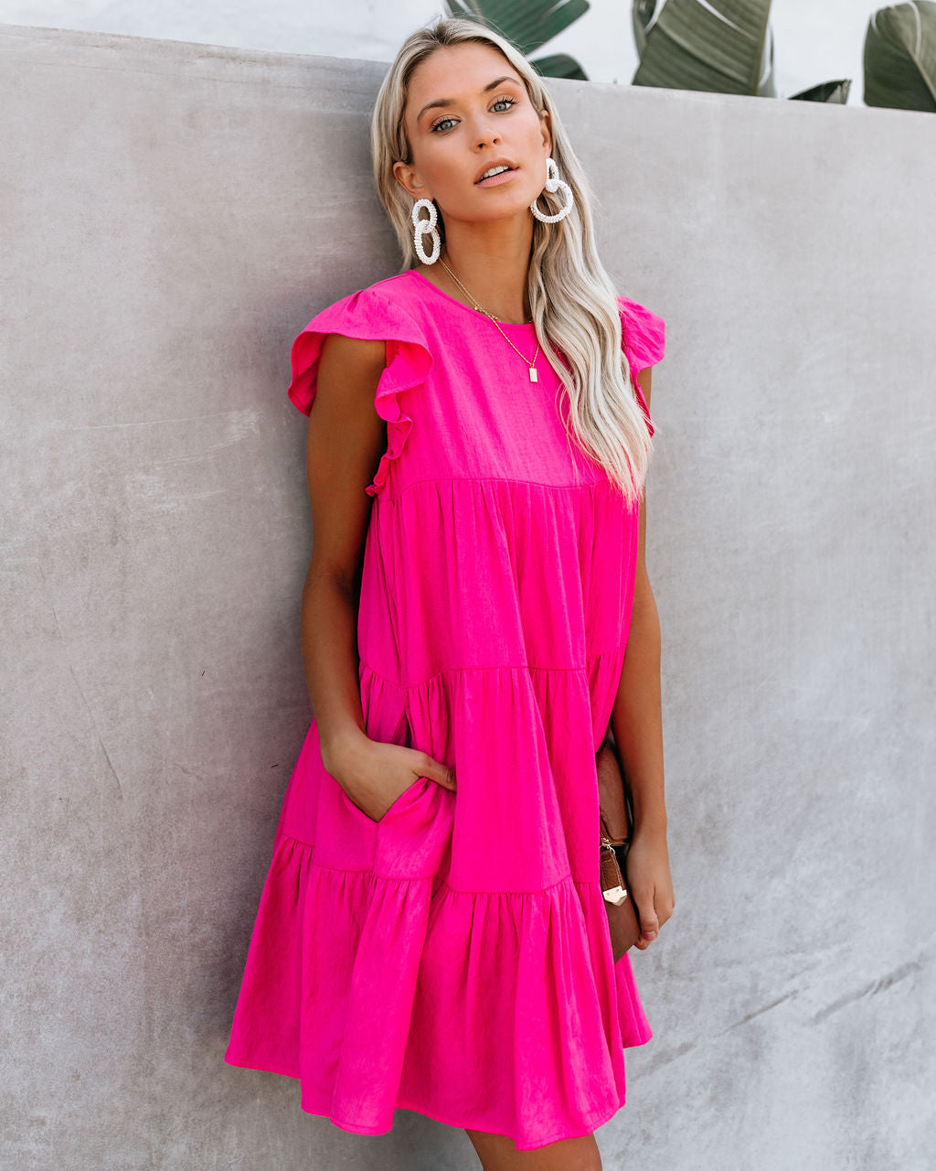 Crew Neck Flutter Sleeve Tiered Ruffle Pocket Babydoll Mini Dress 7