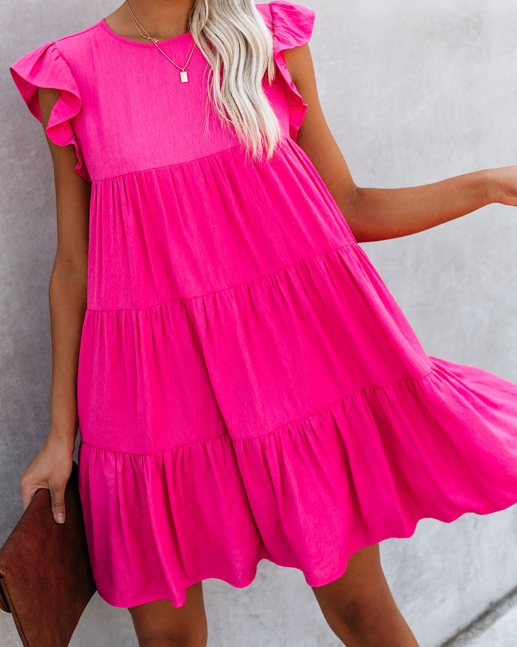 Crew Neck Flutter Sleeve Tiered Ruffle Pocket Babydoll Mini Dress 8