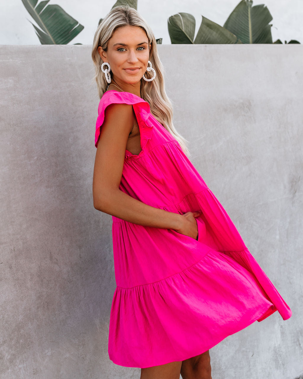 Crew Neck Flutter Sleeve Tiered Ruffle Pocket Babydoll Mini Dress 9