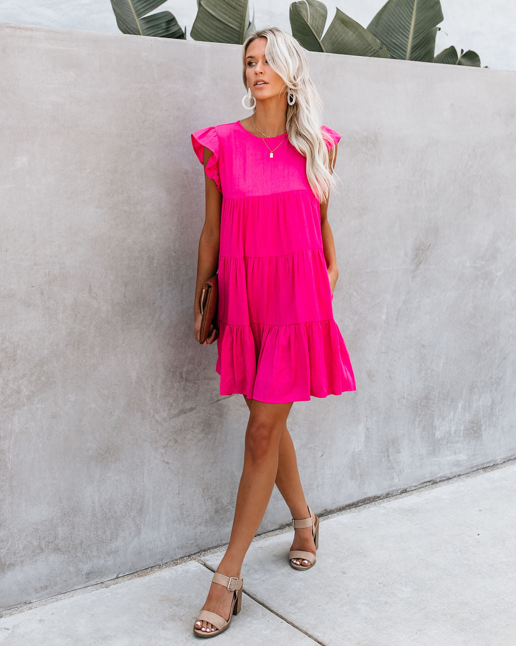 Crew Neck Flutter Sleeve Tiered Ruffle Pocket Babydoll Mini Dress 12