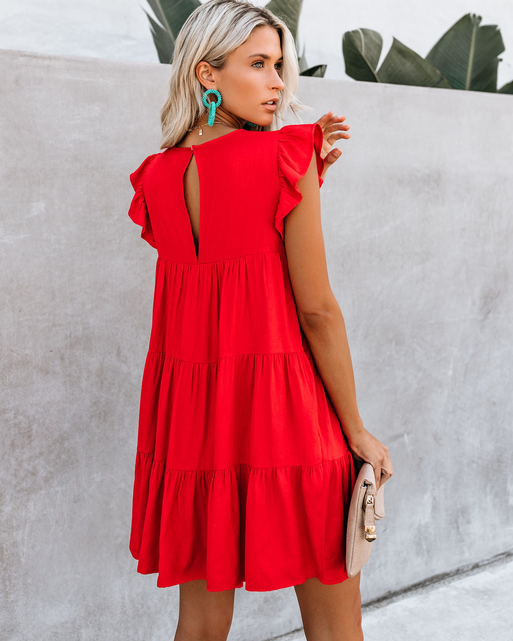 Round Neck Flutter Sleeve Tiered Pocket Babydoll Mini Dress 8