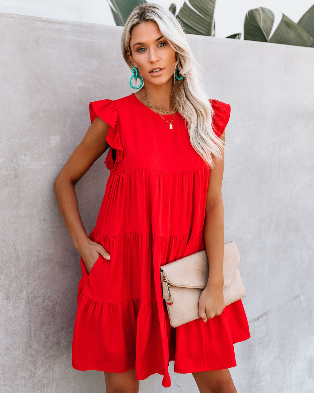 Round Neck Flutter Sleeve Tiered Pocket Babydoll Mini Dress