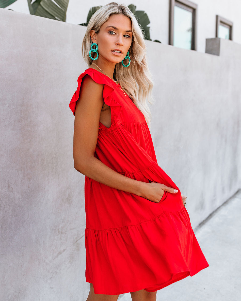Round Neck Flutter Sleeve Tiered Pocket Babydoll Mini Dress 11