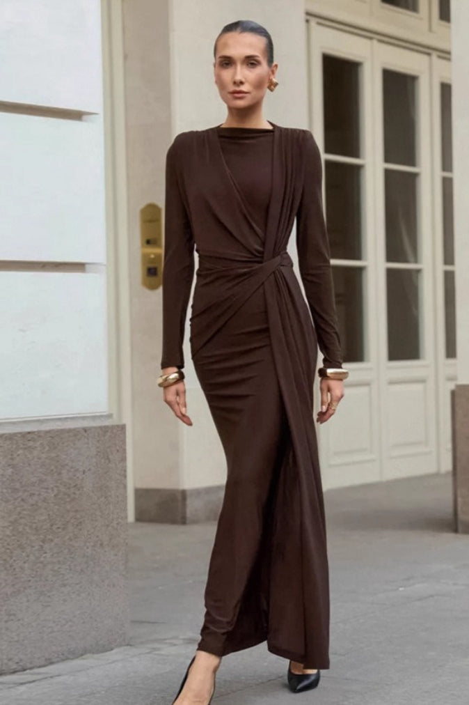 Draped Twist Front Ruched Long Sleeve Maxi Gown 3