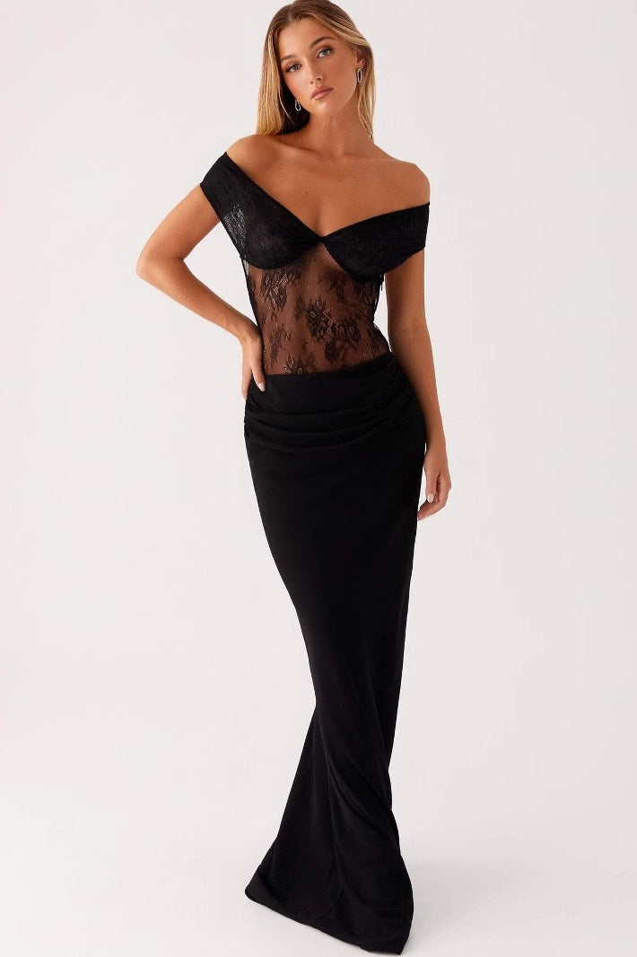 Off Shoulder Sweetheart Lace Paneled Sheer Midriff Column Maxi Dress 4