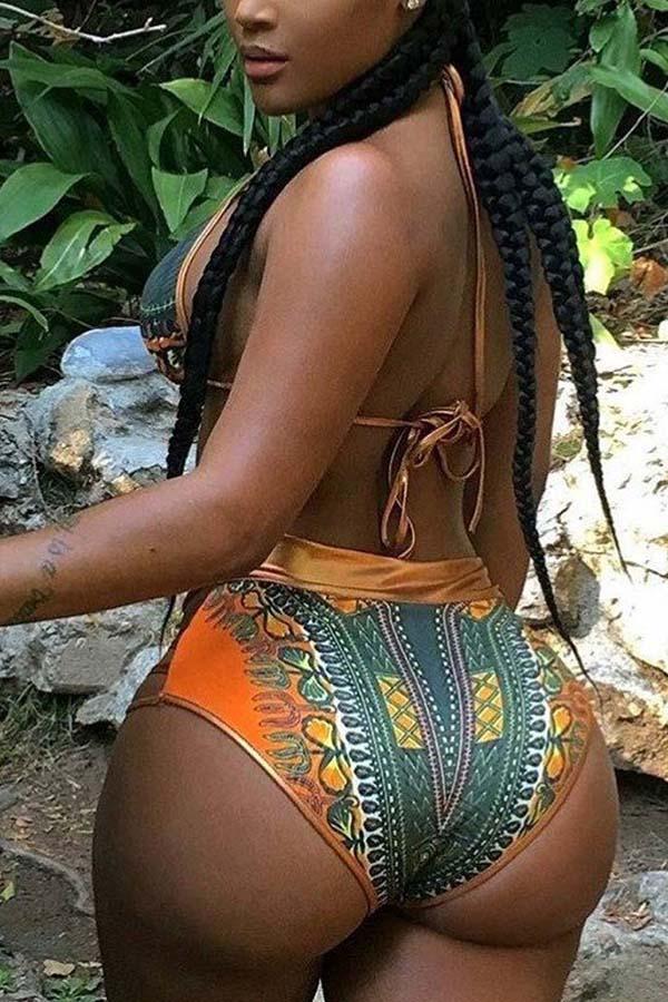 Teal African Tribal Print Halter High Waisted Sexy Bikini Swimsuit