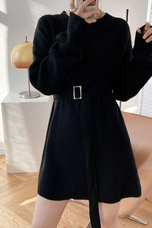 Rib Knit Belted Square Buckle Balloon Sleeve Sweater Mini Dress 5