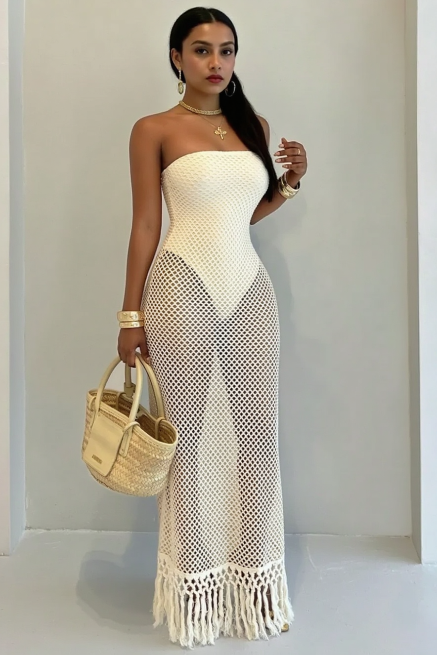 Strapless Bandeau Crochet Mesh Bodycon Mini Dress Tassel Fringe Hem Maxi Dress