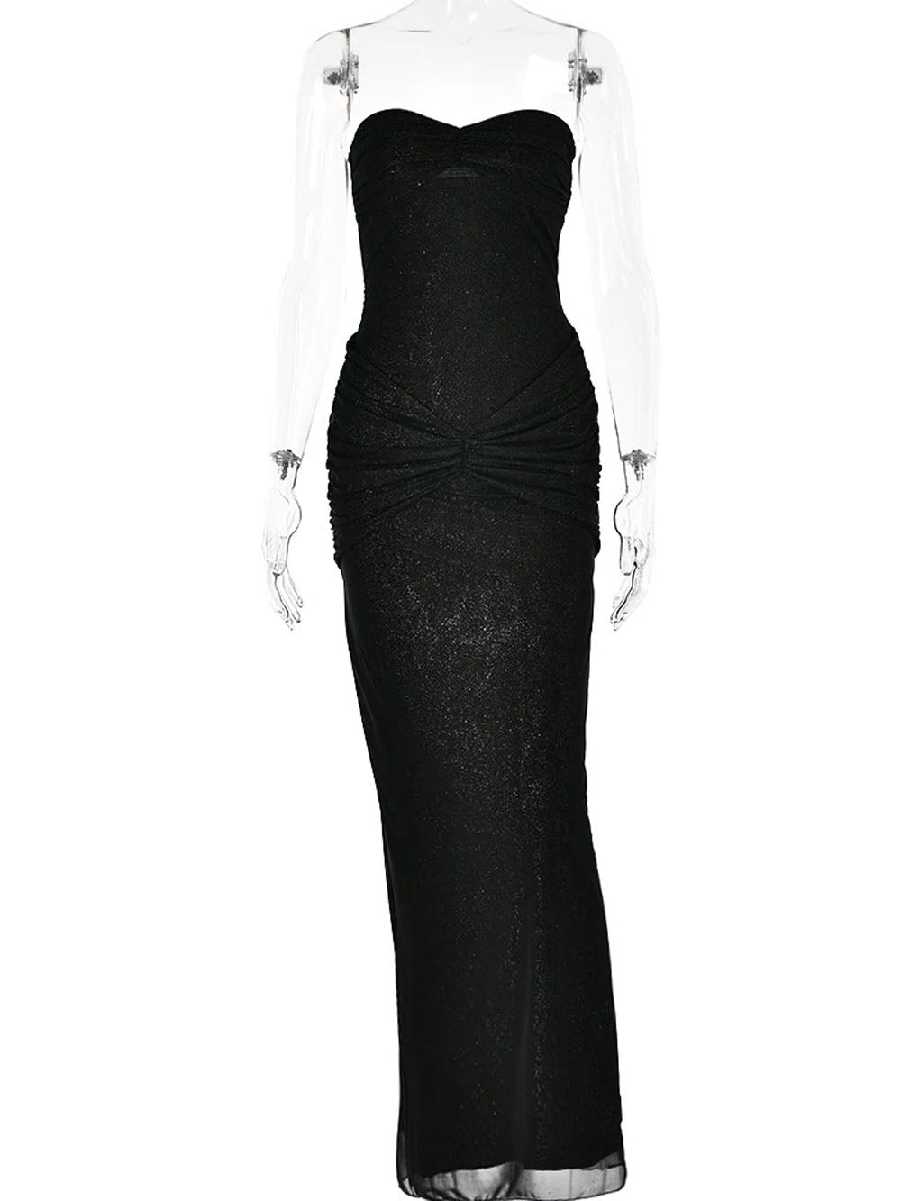Glitter Mesh Strapless Sweetheart Neck Ruched Hip Knot Maxi Dress 3