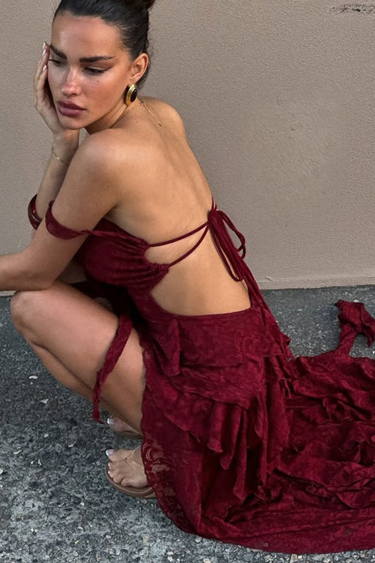 Lace Off Shoulder Ruffled Tier High-Low Hem Maxi Dress 3