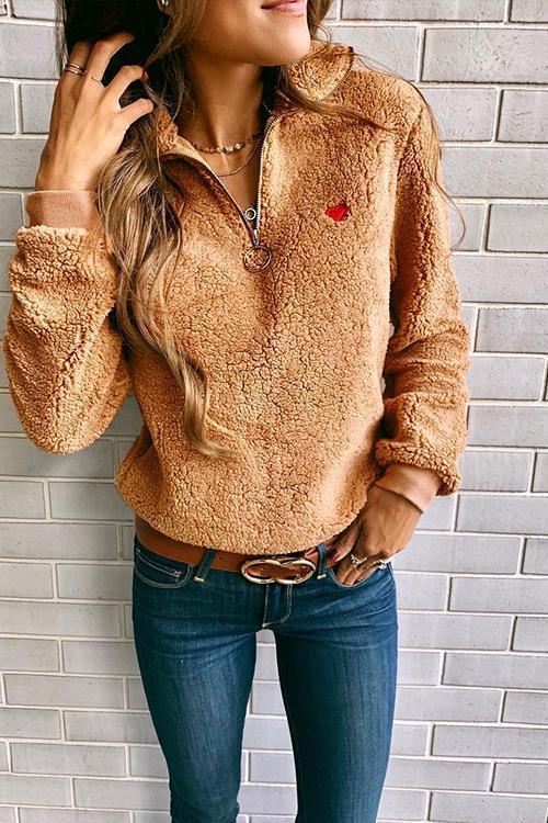 Lapel Zipper Love Embroidered Fur Sweater