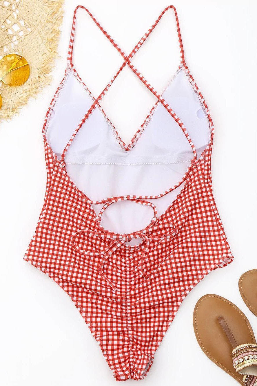 Red White Gingham Print High Cut Scrunch Butt Sexy One Piece Swimsuit