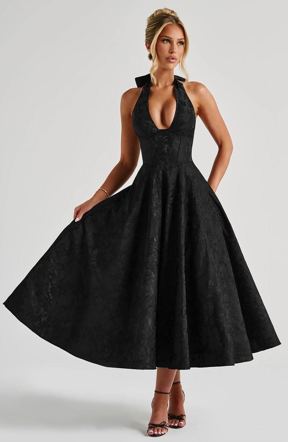 Jacquard Floral Halter Plunging V Corset Bodice Fit and Flare Midi Dress 13
