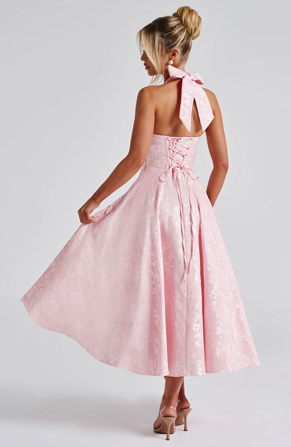 Jacquard Floral Halter Plunging V Corset Bodice Fit and Flare Midi Dress 5