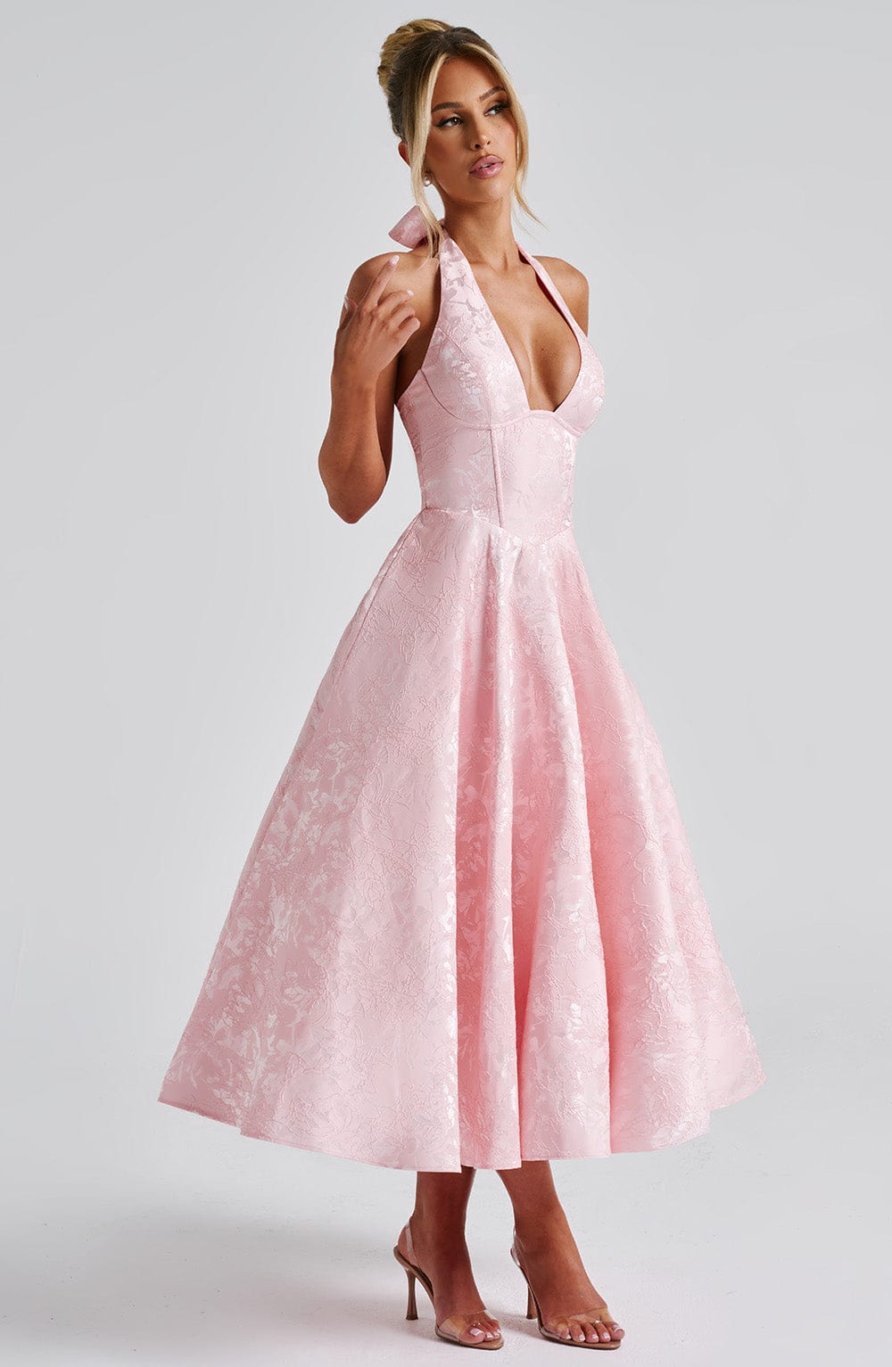 Jacquard Floral Halter Sweetheart Corset A-Line Midi Dress 6