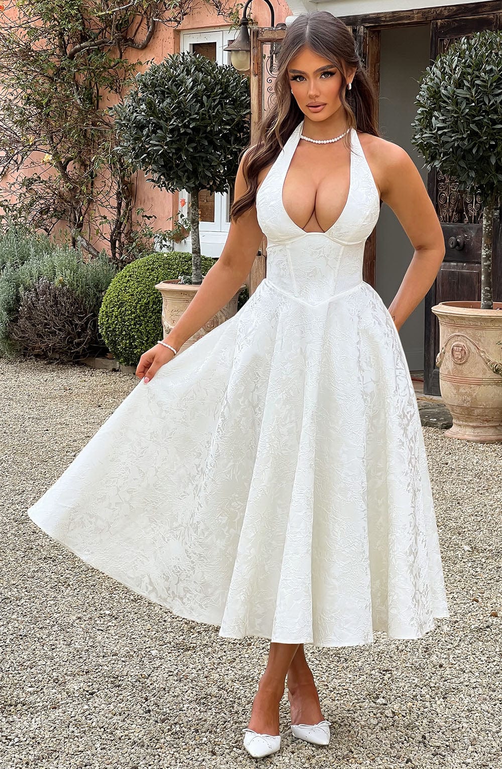 Jacquard Floral Halter Sweetheart Corset A-Line Midi Dress 11