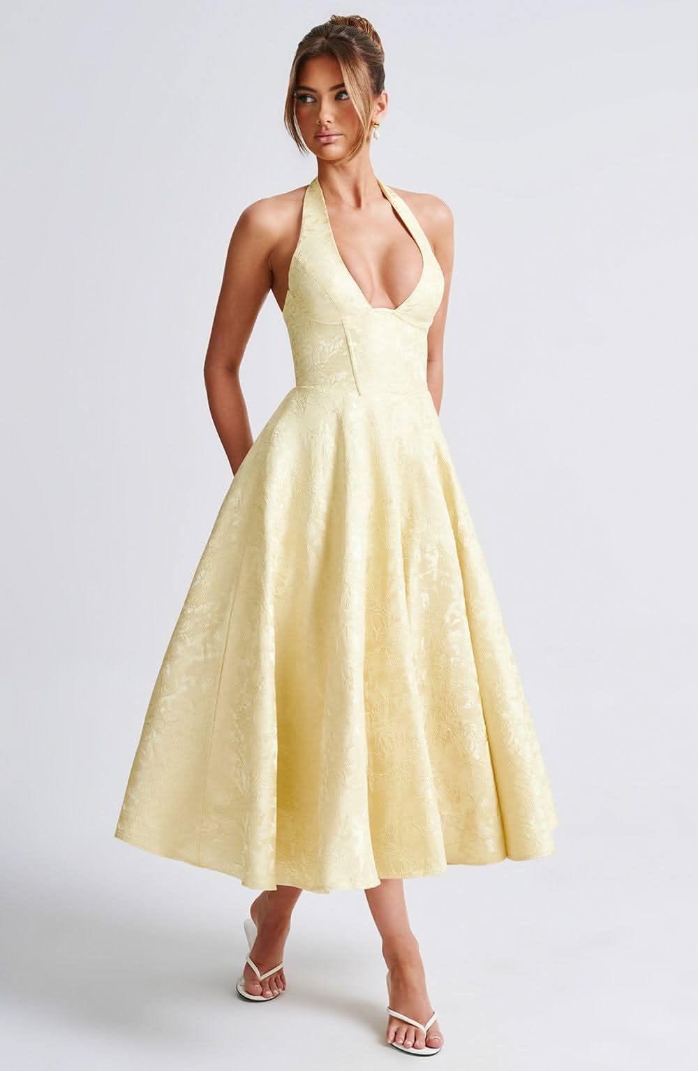 Jacquard Floral Halter Plunging V Corset Bodice Fit and Flare Midi Dress