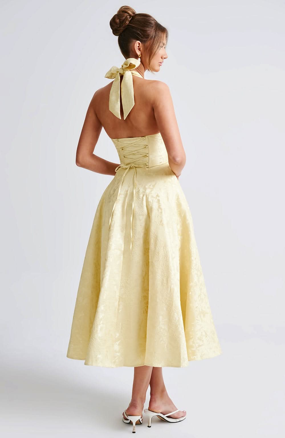 Jacquard Floral Halter Plunging V Corset Bodice Fit and Flare Midi Dress 2