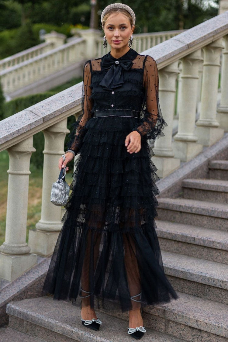 Pussy Bow Collar Swiss Dot Tulle Tiered Ruffle Long Sleeve Maxi Gown
