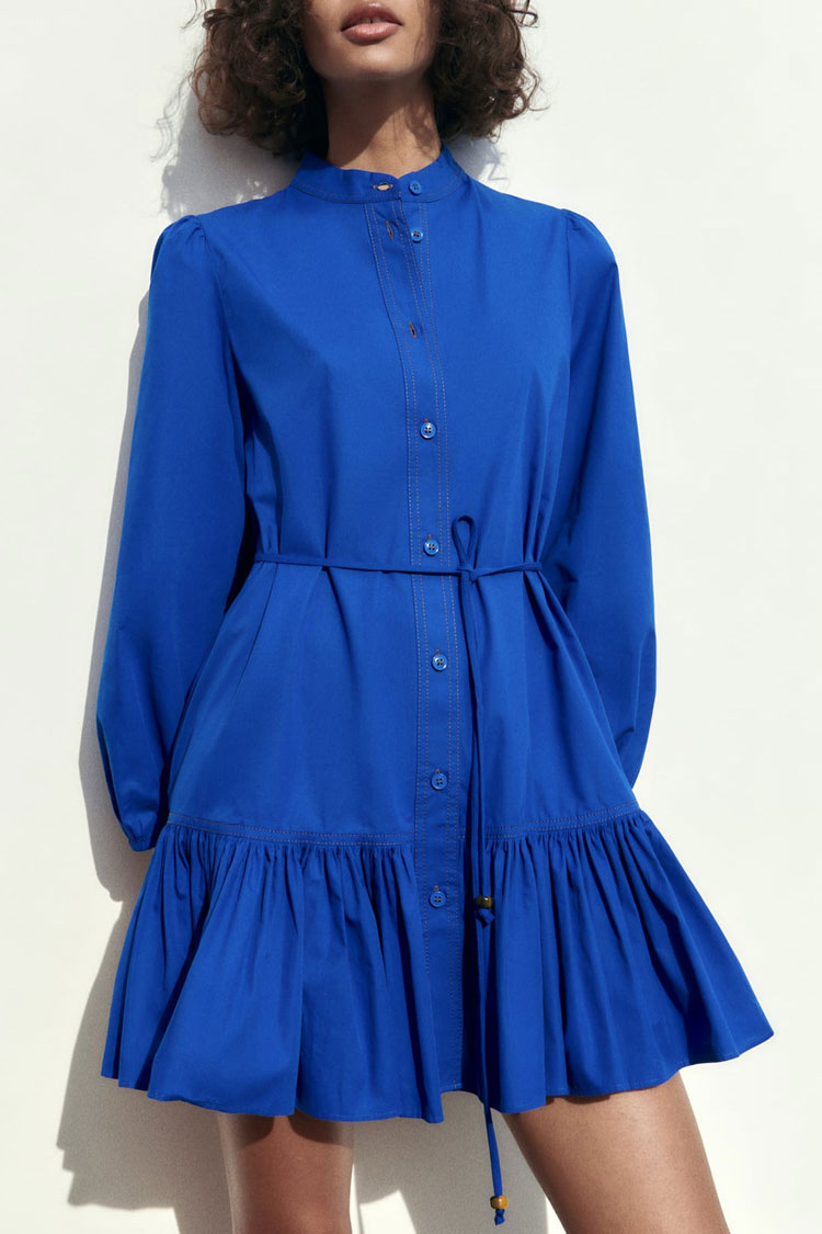 Mandarin Collar Button Front Bishop Sleeve Tie Waist Tiered Mini Shirt Dress 4