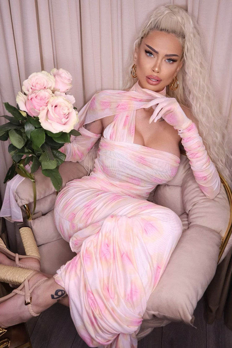 Halter Floral Mesh Opera Glove Sleeve Ruched Column Maxi Gown