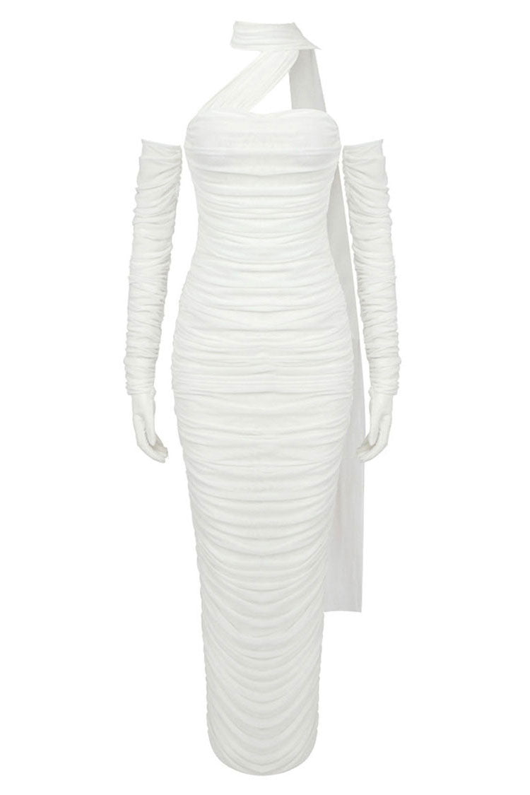 Strapless Ruched Mesh Opera Glove Choker Neck Wrap Column Maxi Gown 7