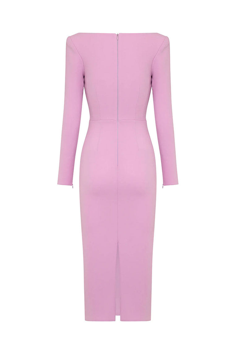 Long Sleeve Oval Cutout Twist Front Bandage Bodycon Midi Dress 3