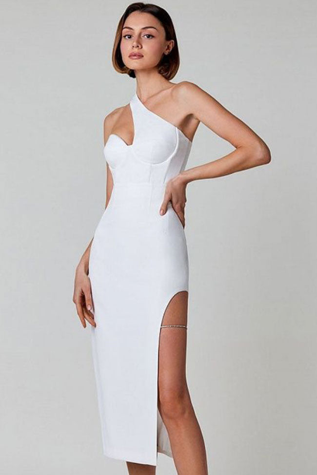 One-Shoulder Corset Bust Cutout High Slit Rhinestone Garter Midi Dress 2