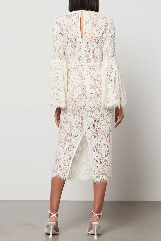 Floral Lace Crew Neck Bell Sleeve Eyelash Trim Sheath Midi Dress 2