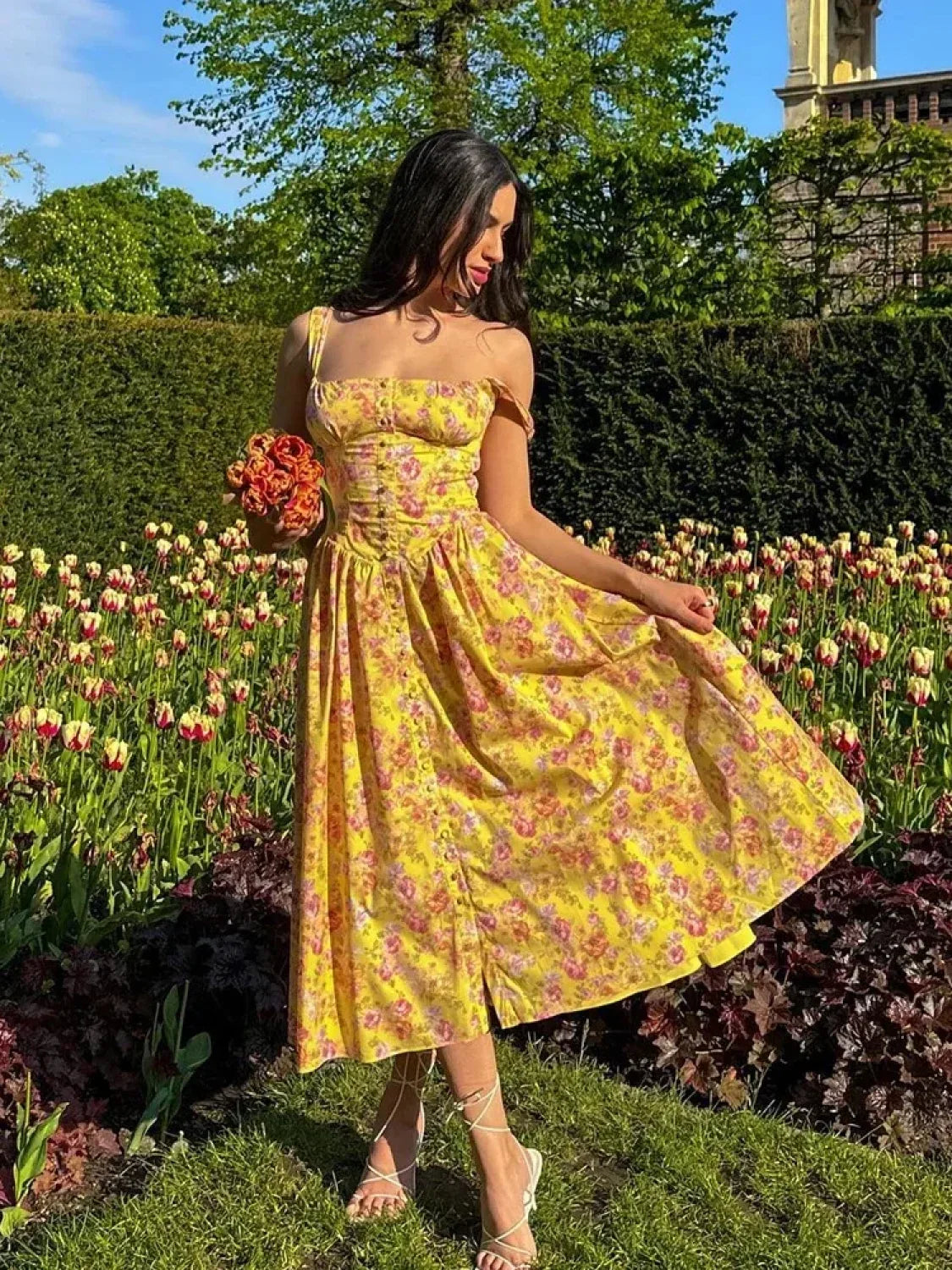 Floral Print Midi Dress Lace-up Pocket Floral Dress 6