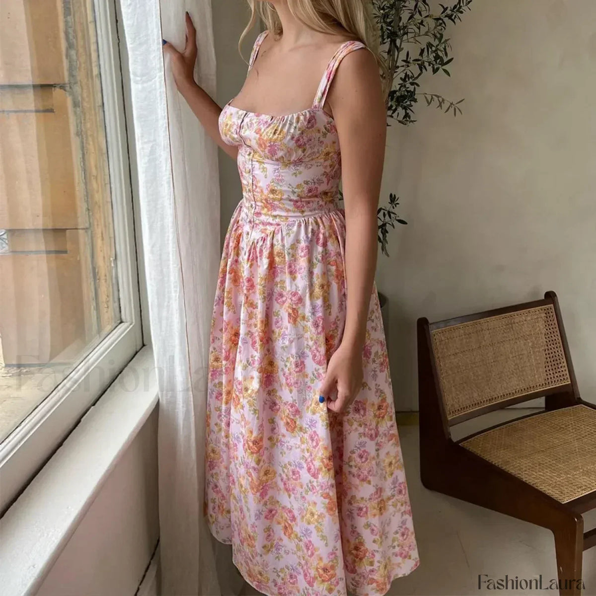 Floral Print Midi Dress Lace-up Pocket Floral Dress 7