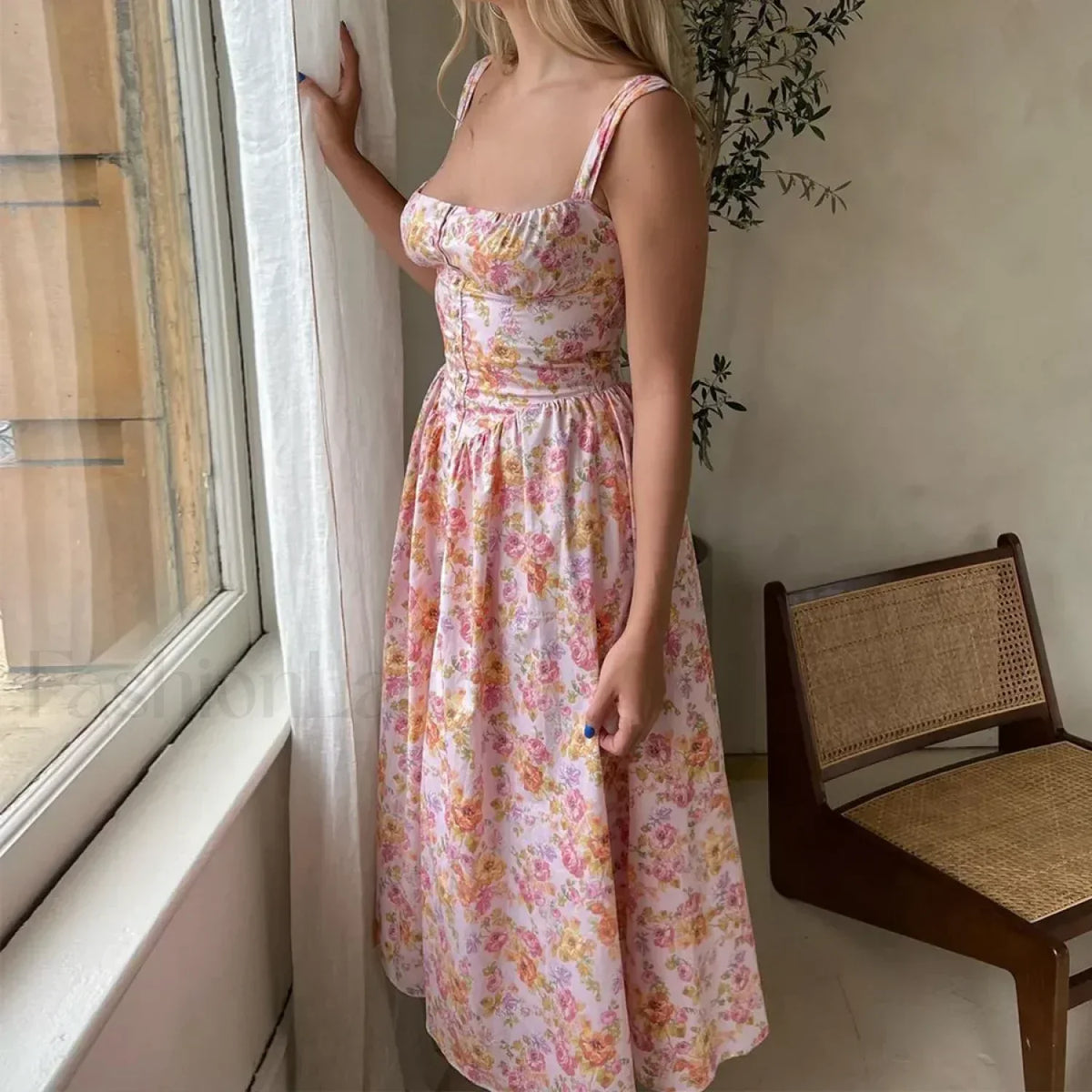 Floral Print Midi Dress Lace-up Pocket Floral Dress 3